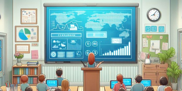 Teacher Teach a students on interactive flat panel display in classroom