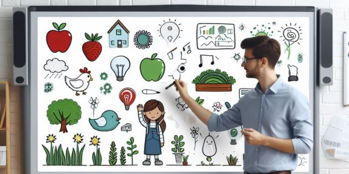Teacher Teach a student on interactive panel display