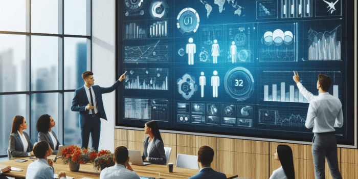 Two people work on interactive flat panel display in office