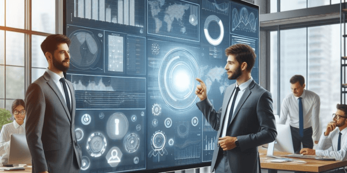 Two people work on interactive flat panel display in office