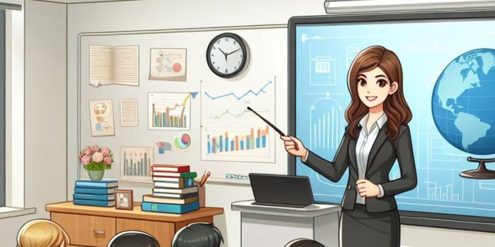 Teacher Teach a students on interactive flat panel display in classroom