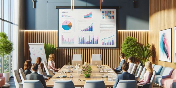 peoples work on interactive flat panel display in office